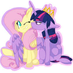 Size: 1024x1024 | Tagged: safe, artist:23questionmark, fluttershy, twilight sparkle, alicorn, pegasus, pony, g4, cheek kiss, cute, duo, duo female, female, floppy ears, grin, heart eyes, hug, jewelry, kissing, lesbian, lidded eyes, mare, raised hoof, ship:twishy, shipping, shyabetes, simple background, sitting, smiling, sparkles, tiara, transparent background, twiabetes, twilight sparkle (alicorn), watermark, wingding eyes, winghug, wink