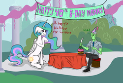 Size: 3221x2160 | Tagged: artist needed, safe, artist:anonymous, princess celestia, oc, oc:anon, alicorn, human, pony, g4, 4chan, birthday, birthday cake, cake, crying, duo, feels, female, floppy ears, food, hat, high res, immortality blues, knife, male, momlestia, party hat, sad, table
