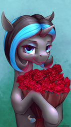 Size: 382x676 | Tagged: safe, artist:oneofyouare, oc, oc only, oc:neon limetti, pony, flower, rose, solo
