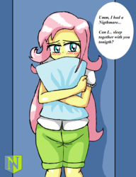 Size: 1000x1300 | Tagged: safe, artist:neutralchilean, fluttershy, human, g4, blushing, bronybait, female, humanized, looking away, misspelling, pillow, pillow hug, solo, speech bubble, standing