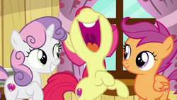 Size: 1280x720 | Tagged: safe, screencap, apple bloom, scootaloo, sweetie belle, g4, on your marks, cutie mark crusaders, nose in the air, open mouth, volumetric mouth