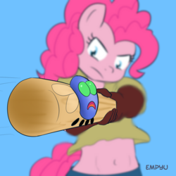 Size: 1000x1000 | Tagged: safe, artist:empyu, pinkie pie, parasprite, anthro, g4, baseball bat, belly button, female, midriff, solo