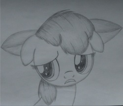 Size: 1660x1440 | Tagged: safe, artist:kaczor1121, apple bloom, g4, female, floppy ears, monochrome, sad, sketch, solo, traditional art