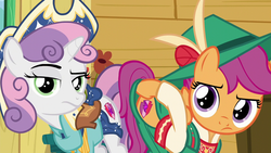 Size: 1280x720 | Tagged: safe, screencap, scootaloo, sweetie belle, pegasus, pony, unicorn, g4, on your marks, season 6, boots, clothes, cow belle, cowboy boots, cowboy hat, curly hair, curly mane, cutie mark, duo, duo female, female, filly, foal, green eyes, hat, hooves, implied apple bloom, lederhosen, magenta hair, magenta mane, magenta tail, orange coat, orange fur, orange pony, out of context, pink hair, pink mane, pink tail, plot pair, purple eyes, purple hair, purple mane, purple tail, scootaloo is not amused, seriously, shoes, skirt, skirt lift, stetson, sweetie belle is not amused, tail, the cmc's cutie marks, two toned hair, two toned mane, two toned tail, unamused, we already got our mark, white coat, white fur, white pony, yodeloo