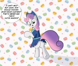 Size: 960x810 | Tagged: safe, artist:cosmonaut, sweetie belle, pony, g4, bipedal, butt, clothes, cow belle, cowboy hat, cutie mark, dialogue, dock, female, filly, hat, innocent, plot, skirt, skirt lift, solo, speech bubble, sweetie butt, the cmc's cutie marks, we don't normally wear clothes