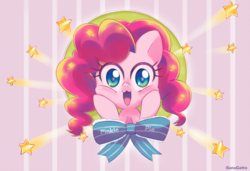 Size: 1081x738 | Tagged: safe, artist:framboosi, pinkie pie, earth pony, pony, g4, bust, cheek squish, female, hooves on cheeks, looking at you, mare, open mouth, portrait, solo, squishy cheeks, stars