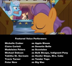 Size: 682x623 | Tagged: safe, screencap, linky, shoeshine, tender taps, earth pony, pony, g4, on your marks, colt, credits, dancing, indignant pony, male, shhh, voice actor