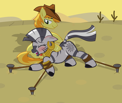 Size: 1024x862 | Tagged: safe, artist:radiantrealm, braeburn, zecora, earth pony, pony, zebra, g4, belly, blushing, bondage, braecora, desert, duo, female, male, mare, nails, ponydom, rope, shipping, show accurate, stallion, straight, tickle torture, tickling