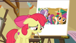 Size: 1280x720 | Tagged: safe, edit, edited screencap, screencap, apple bloom, scootaloo, sweetie belle, g4, on your marks, apple bloom's painting, butt, clothes, cow belle, cowgirl outfit, cutie mark, discovery family logo, lederhosen, looking at you, meme, out of context, painting, plot, plot pair, the cmc's cutie marks, yodeloo