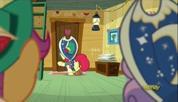 Size: 1280x738 | Tagged: safe, screencap, apple bloom, scootaloo, sweetie belle, g4, on your marks, butt, clothes, cow belle, cutie mark crusaders, discovery family logo, plot, skirt, technically an upskirt shot, yodeloo