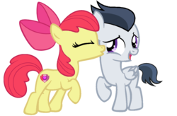Size: 1078x708 | Tagged: safe, artist:rozyfly10, apple bloom, rumble, earth pony, pegasus, pony, g4, backwards cutie mark, cheek kiss, colt, cutie mark, duo, eyes closed, female, filly, foal, kissing, kissy face, love, male, open mouth, open smile, raised hoof, rumbloom, shipping, simple background, smiling, straight, the cmc's cutie marks, transparent background