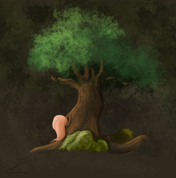 Size: 1404x1417 | Tagged: safe, artist:angry-cat, fluttershy, g4, female, fluttertree, hiding, solo, tail, tree