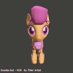 Size: 540x540 | Tagged: safe, artist:fillerartist, scootaloo, robot, g4, 3d, animated, blender, butt, clothes, female, gray background, neckerchief, plot, redo, render, scarf, scootabot, simple background, smiling, solo, spread wings, wip