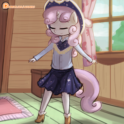 Size: 750x750 | Tagged: safe, artist:lumineko, sweetie belle, unicorn, anthro, plantigrade anthro, g4, on your marks, clothes, cow belle, eyes closed, female, high heels, patreon, patreon logo, scene interpretation, shoes, skirt, solo