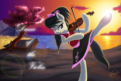Size: 4680x3120 | Tagged: safe, artist:althyra-nex, octavia melody, earth pony, pony, g4, active stretch, bipedal, clothes, dancing, female, lens flare, lindsey stirling, musical instrument, solo, sunset, text, violin