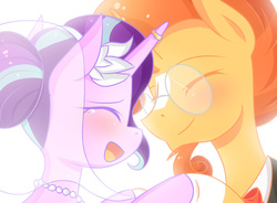 Size: 900x663 | Tagged: safe, artist:littlecloudie, starlight glimmer, sunburst, pony, unicorn, g4, clothes, crying, cute, duo, engagement ring, eyes closed, female, glasses, glimmerbetes, happiness, happy, horn, horn ring, jewelry, male, mare, marriage, open mouth, ring, ship:starburst, shipping, smiling, stallion, straight, tears of joy, tuxedo, veil, wedding, wedding ring, wedding veil