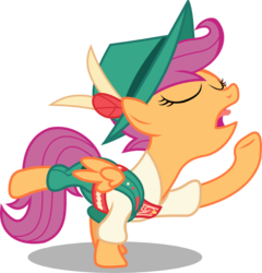 Size: 575x600 | Tagged: safe, artist:seahawk270, scootaloo, g4, on your marks, clothes, eyes closed, female, lederhosen, mountain climbing, open mouth, outfit, raised hoof, simple background, solo, transparent background, vector, yodeling, yodeloo