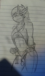 Size: 768x1280 | Tagged: safe, artist:zemer, oc, oc only, oc:bountiful heart, anthro, fallout equestria, abs, belly button, grayscale, lined paper, midriff, monochrome, sketch, solo, traditional art