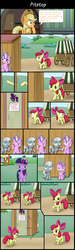 Size: 2607x8740 | Tagged: safe, artist:lifesharbinger, apple bloom, applejack, diamond tiara, silver spoon, twilight sparkle, alicorn, earth pony, pony, comic:pit stop, g4, somepony to watch over me, bipedal, comic, desperation, female, filly, hoof on belly, jewelry, mare, need to pee, omorashi, outhouse, potty dance, potty emergency, potty time, shocked, tiara, trotting in place, twilight sparkle (alicorn), twilight sparkle is not amused, unamused, worried, worried smile