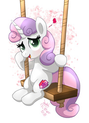 Size: 900x1240 | Tagged: safe, artist:joakaha, sweetie belle, pony, g4, cute, diasweetes, female, heart, open mouth, signature, sitting, solo, swing