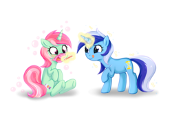 Size: 1500x1000 | Tagged: dead source, safe, artist:0biter, minty bubblegum, minuette, pony, unicorn, g4, brushing teeth, cute, duo, duo female, female, mare, minubetes, simple background, toothbrush, white background