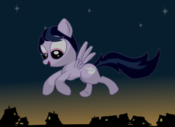 Size: 3510x2550 | Tagged: safe, artist:sweetbrew, oc, oc only, oc:sweetbrew, pegasus, pony, female, flying, foal, food, high res, looking down, mare, night, open mouth, smiling, solo, spread wings, tea, wings