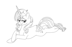 Size: 1024x672 | Tagged: safe, artist:catlover1672, sunset shimmer, pony, unicorn, g4, bedroom eyes, lineart, monochrome, wip
