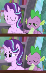 Size: 1200x1904 | Tagged: safe, screencap, spike, starlight glimmer, g4, the crystalling, book, eyes closed, lidded eyes, lip bite, smiling, table, teeth, unf