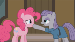 Size: 1280x722 | Tagged: safe, screencap, maud pie, pinkie pie, g4, the gift of the maud pie, boop, scrunchy face