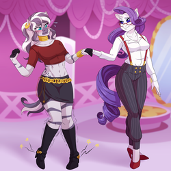 Size: 2500x2500 | Tagged: safe, artist:g-blue16, rarity, zecora, zebra, anthro, plantigrade anthro, g4, abs, adonis belt, alternate hairstyle, belly button, blushing, boots, breasts, cleavage, clothes, female, glasses, high heel boots, high heels, high res, jewelry, long hair, loose hair, midriff, pain, shoes, smiling, suspenders