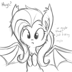 Size: 648x648 | Tagged: safe, artist:tjpones, fluttershy, bat pony, pony, g4, cute, female, flutterbat, hug request, implied vampirism, monochrome, shyabates, shyabetes, simple background, sketch, solo, this will end in pain, this will not end well, white background