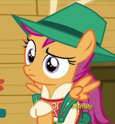 Size: 665x719 | Tagged: safe, screencap, scootaloo, g4, on your marks, animated, clothes, cropped, cutie mark, discovery family logo, female, flank, hat, leather pants, lederhosen, out of context, the cmc's cutie marks, unamused, we already got our mark, yodeloo