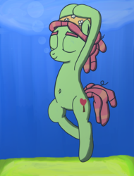Size: 2552x3352 | Tagged: safe, artist:saburodaimando, tree hugger, pony, g4, belly button, bipedal, bubble, female, green sand, high res, life drawing, model, solo, underwater