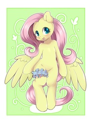 Size: 900x1200 | Tagged: safe, artist:ayahana, fluttershy, pegasus, pony, g4, bipedal, blushing, butt wings, female, garter, happy, looking at you, mare, solo