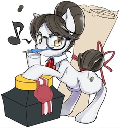 Size: 504x536 | Tagged: safe, artist:mococo, writing desk, earth pony, pony, g4, female, glasses, looking at you, mare, mouth hold, simple background, solo, white background