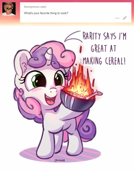 Size: 1100x1400 | Tagged: safe, artist:bobdude0, sweetie belle, pony, unicorn, g4, ask, blatant lies, breakfast is ruined, cereal, cute, diasweetes, female, filly, fire, food, gordon ramsay, male, open mouth, pyro belle, simpsons did it, solo, sweetie belle can't cook, sweetie fail, the simpsons, tumblr