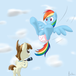 Size: 1280x1280 | Tagged: safe, artist:ricktin, featherweight, rainbow dash, pegasus, pony, g4, blushing, butt, caught, colt, diaper, diaper fetish, duo, embarrassed, female, flying, gritted teeth, male, mare, non-baby in diaper, plot, poofy diaper