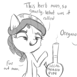 Size: 864x864 | Tagged: safe, artist:tjpones, tree hugger, g4, bong, funny, monochrome, offscreen character, oregano, pipe, simple background, smoking, tree stoner, white background