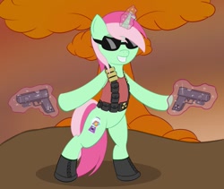 Size: 973x821 | Tagged: safe, artist:sethisto, minty bubblegum, pony, unicorn, g4, bipedal, duke nukem, gun, handgun, levitation, magic, pistol, roddy piper, solo, sunglasses, telekinesis, they live, weapon