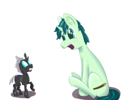 Size: 3257x2578 | Tagged: safe, artist:darklordsnuffles, oc, oc only, oc:junglefind, oc:spectral song, changeling, nymph, pony, unicorn, blushing, chest fluff, cute, ear fluff, happy, high res, scared, sitting, smiling