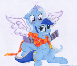 Size: 1200x1033 | Tagged: safe, artist:foxxy-arts, minuette, trixie, pony, unicorn, g4, artificial wings, augmented, belly button, clothes, crack shipping, female, lesbian, magic, magic wings, mare, minixie, scarf, shipping, socks, striped socks, wings