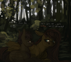 Size: 1600x1400 | Tagged: safe, artist:celestiawept, fluttershy, scootaloo, g4, crying, dialogue, duo, folded wings, forest, lying down, text