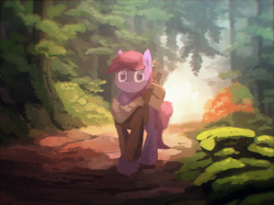 Size: 2430x1822 | Tagged: safe, artist:fuzzyfox11, berry punch, berryshine, g4, clothes, female, forest, jacket, solo