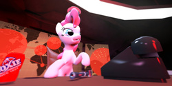 Size: 1307x654 | Tagged: safe, artist:themox, pinkie pie, g4, 3d, angry, female, gmod, gun, hat, luger, moxie soda, pistol, solo