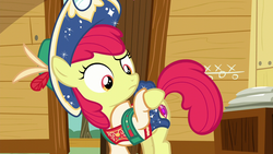 Size: 1280x720 | Tagged: safe, screencap, apple bloom, earth pony, pony, g4, on your marks, clothes, cowboy hat, cutie mark, dress, female, flank, frown, hat, raised eyebrow, skirt, skirt lift, solo, stetson, the cmc's cutie marks, we already got our mark