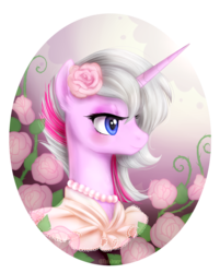 Size: 941x1170 | Tagged: safe, artist:0biter, oc, oc only, oc:honningbrew, pony, unicorn, bust, flower, flower in hair, necklace, pearl necklace, portrait, rose, solo, victorian