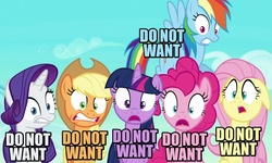 Size: 900x540 | Tagged: safe, screencap, applejack, fluttershy, pinkie pie, rainbow dash, rarity, twilight sparkle, alicorn, pony, g4, the crystalling, blue text, caption, disgusted, do not want, female, floppy ears, image macro, mane six, mare, meme, open mouth, pink text, purple text, reaction image, shocked, twilight sparkle (alicorn), yellow text