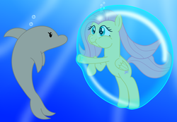 Size: 3250x2250 | Tagged: safe, artist:bladedragoon7575, fluttershy, dolphin, g4, bubble, fluttershy trapped in a bubble, high res, underwater, watershy