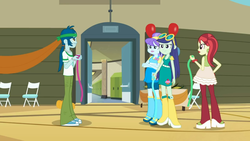 Size: 1024x576 | Tagged: safe, screencap, aqua blossom, blueberry cake, captain planet, rose heart, equestria girls, g4, my little pony equestria girls, background human, boots, clothes, female, male, pants, shoes, skirt, sneakers, streamers, time to come together