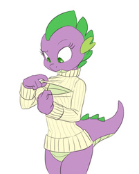 Size: 674x837 | Tagged: safe, artist:carnifex, spike, dragon, anthro, g4, barb, boob window, bottomless, clothes, female, keyhole turtleneck, open-chest sweater, rule 63, simple background, solo, sweater, turtleneck, white background